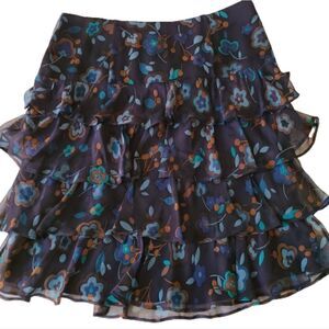 Worth Women's Silk Multi-Level Ruffled Navy Floral Skirt